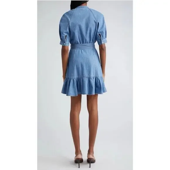 Veronica Beard blue denim Kanika flounce hem belted dress Size XXS $398 - Picture 3 of 16